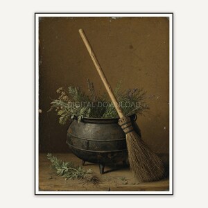 Vintage oil painting of a broom and cauldron still life