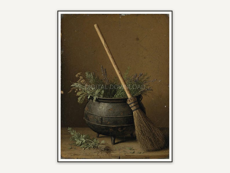 Vintage oil painting of a broom and cauldron still life