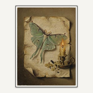 Vintage oil painting of luna moth and candle still life