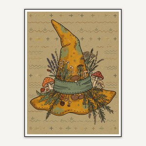 Primitive folk witch hat with mushrooms and herbs