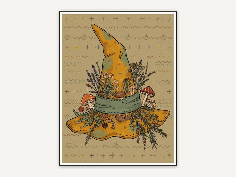 Primitive folk witch hat with mushrooms and herbs