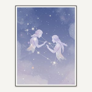 Gemini constellation in soft watercolor with stars