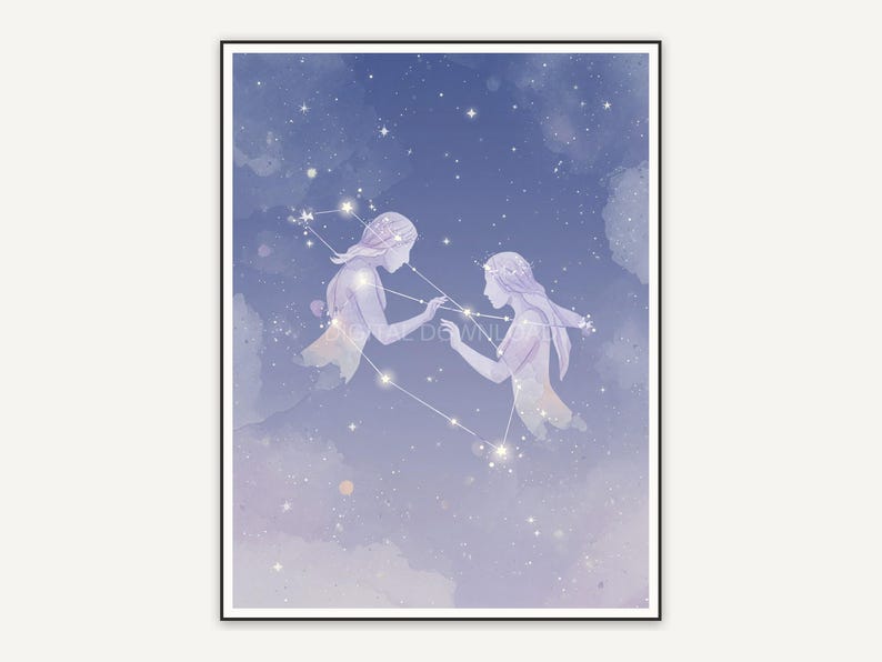 Gemini constellation in soft watercolor with stars