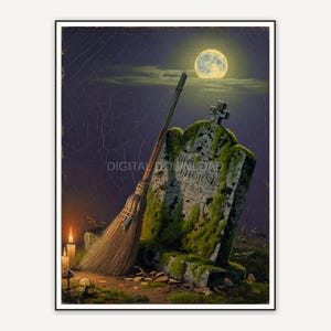 Vintage oil painting of broom against gravestone under moon