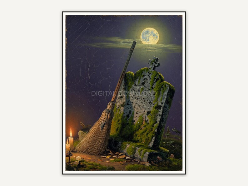 Vintage oil painting of broom against gravestone under moon