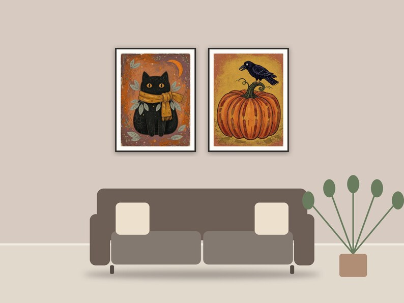 halloween decor and spooky season wall art printable art framed above a sofa in a styled living room