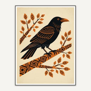 perched raven in mid century flat design
