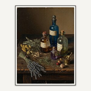 Vintage oil painting of potion bottles and herbs on dark wood