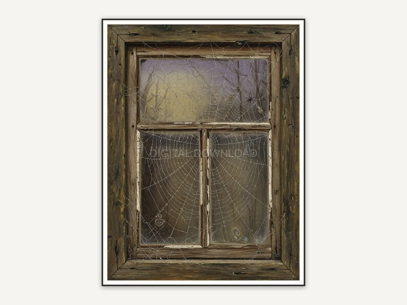 Vintage oil painting of spiderweb on old wooden window