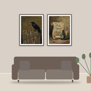 halloween quote print printable art framed above a sofa in a styled living room