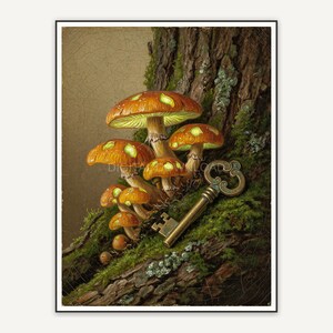 Vintage oil painting of glowing mushrooms and key