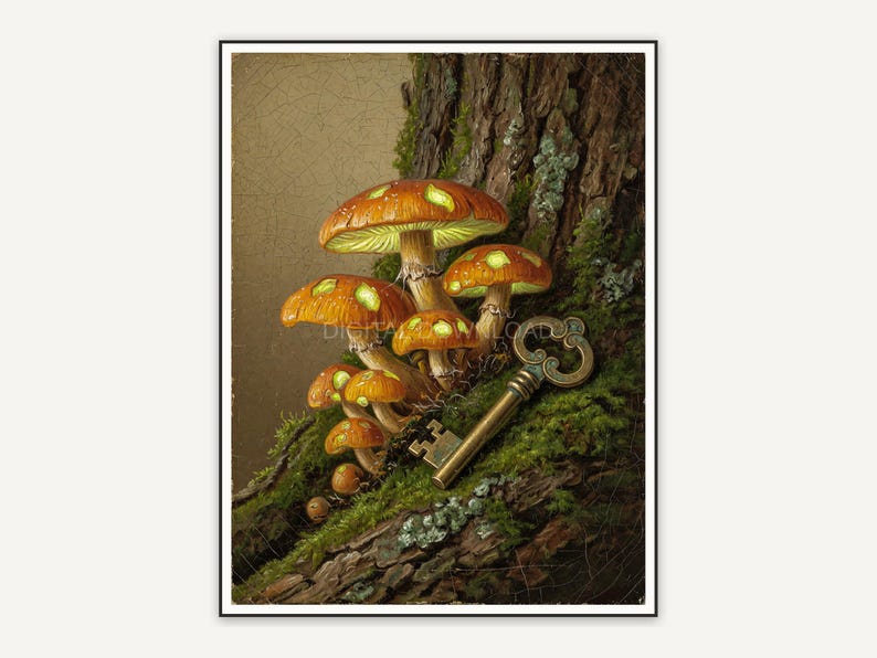 Vintage oil painting of glowing mushrooms and key
