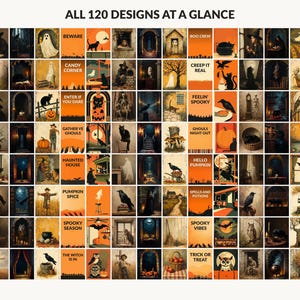 All 120 Halloween printable designs in the bundle shown together on one contact sheet