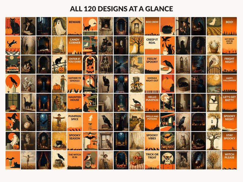 All 120 Halloween printable designs in the bundle shown together on one contact sheet