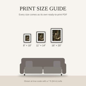 Print size guide showing 8x10, 11x14, and 16x20 framed prints at true scale beside a sofa