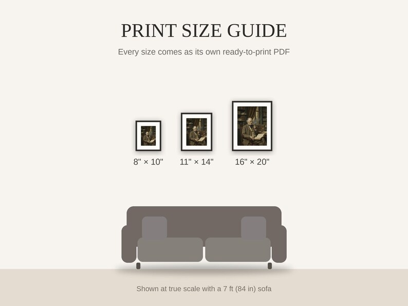 Print size guide showing 8x10, 11x14, and 16x20 framed prints at true scale beside a sofa