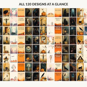 All 120 Halloween printable designs in the bundle shown together on one contact sheet