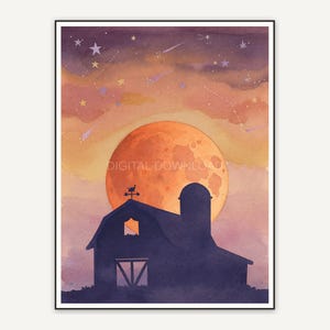 Rustic barn against rising orange moon