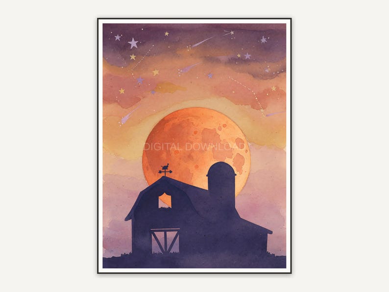 Rustic barn against rising orange moon