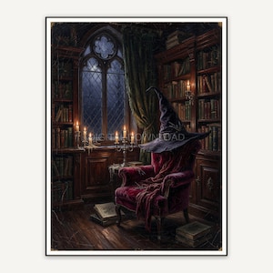 Witch hat on velvet chair in manor library