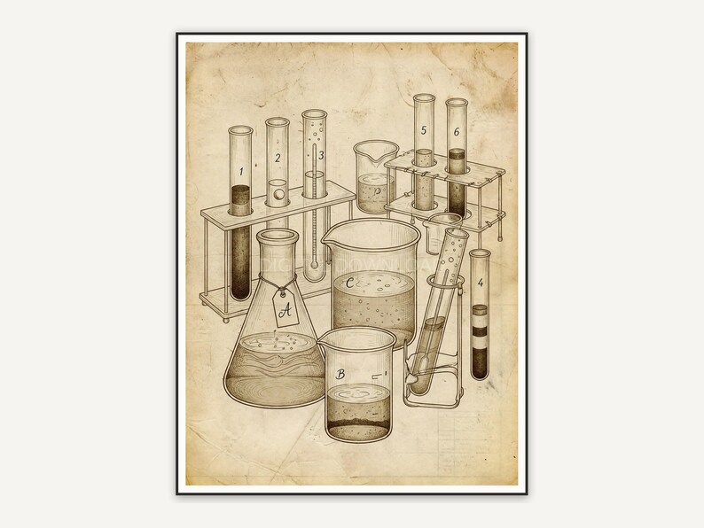 Vintage beaker and test tube drawing