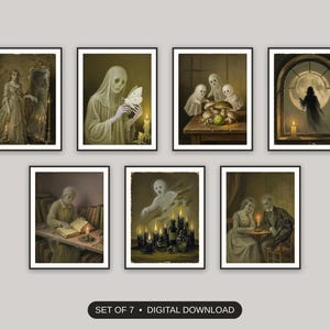 Set of 7 halloween decor and spooky season wall art printable prints shown as a gallery wall