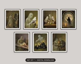 Ghost Painting, Set Of 7, Vintage Oil Painting Halloween Prints, Entryway Gallery Wall, Moody Mantel Decor, Digital Download