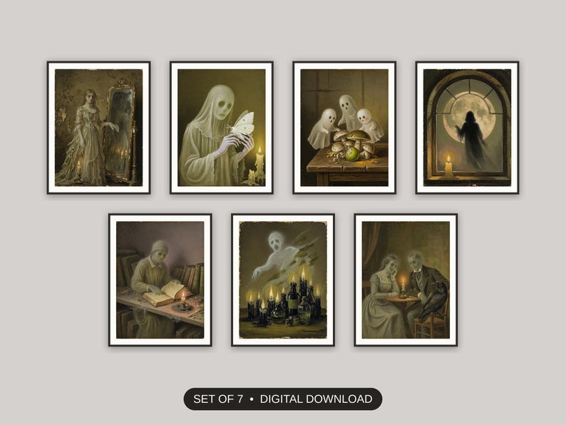 Set of 7 halloween decor and spooky season wall art printable prints shown as a gallery wall
