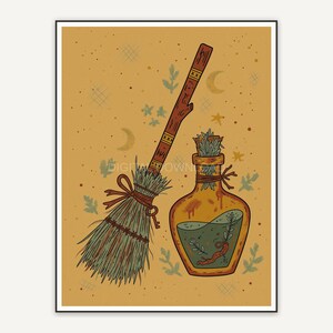 Broom and potion bottle in primitive cottagecore style