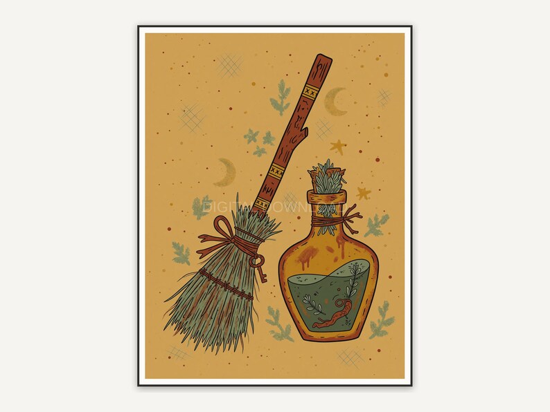 Broom and potion bottle in primitive cottagecore style