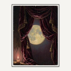 Full moon framed by velvet curtains oil painting