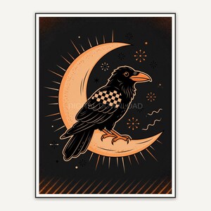 Atomic raven on crescent moon in black and orange