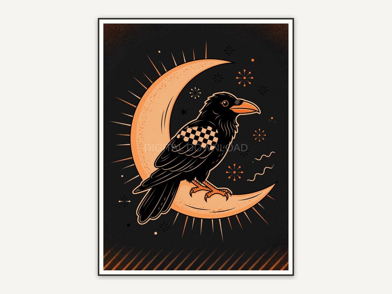 Atomic raven on crescent moon in black and orange