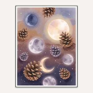 Scattered pinecones and glowing moon phases