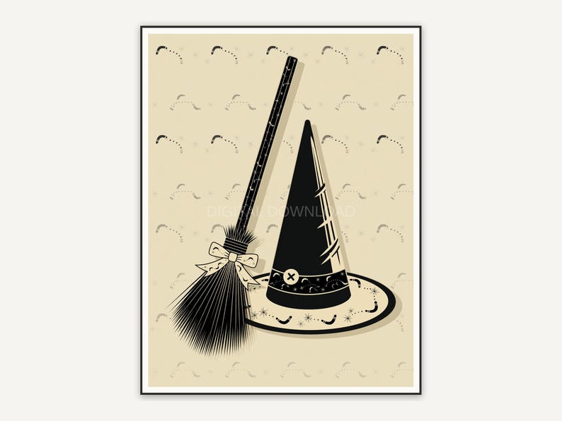 Mid-century witch hat and broom geometric design
