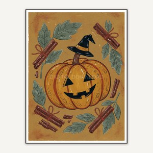 Naive pumpkin wearing a witch hat beside sage leaves and cinnamon