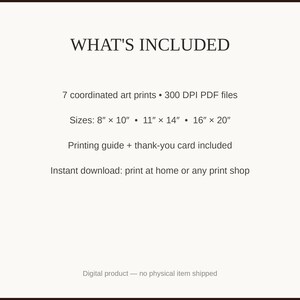 What's included: 7 art prints as 300 DPI PDFs in three sizes plus printing guide and thank-you card