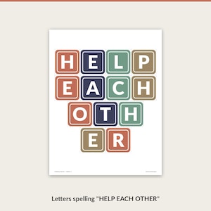 Cut-out letters spelling HELP EACH OTHER