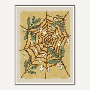 Spider web with dew and sage leaves in folk style