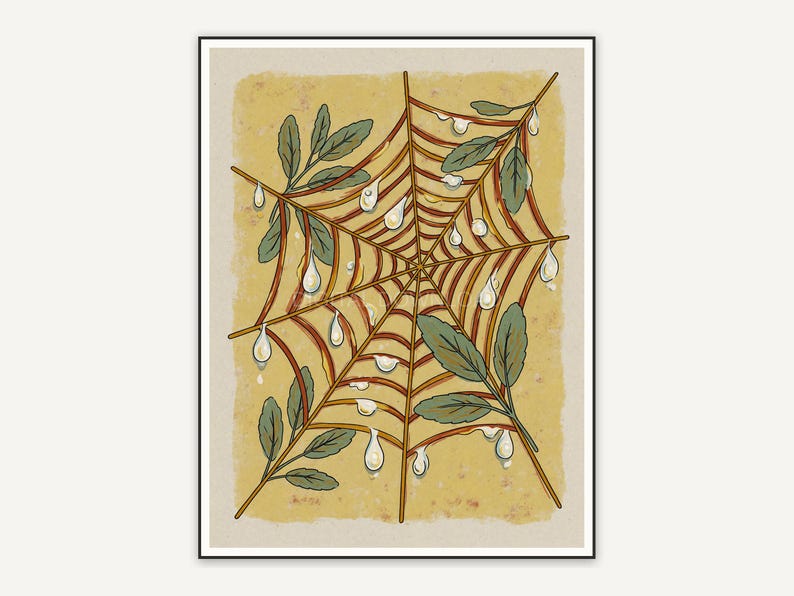 Spider web with dew and sage leaves in folk style