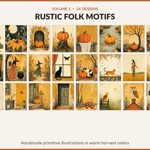 Volume 3 Rustic Folk Motifs: 24 printable Halloween art designs, handmade primitive illustrations in warm harvest colors