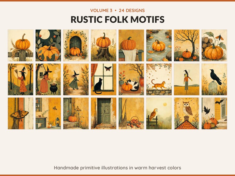 Volume 3 Rustic Folk Motifs: 24 printable Halloween art designs, handmade primitive illustrations in warm harvest colors