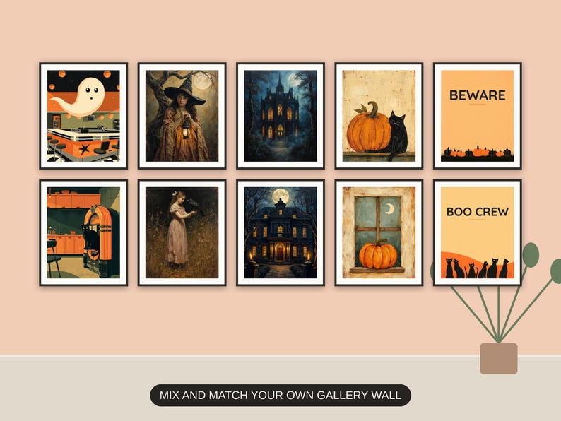 Ten Halloween prints from the bundle framed together as a gallery wall above a console table