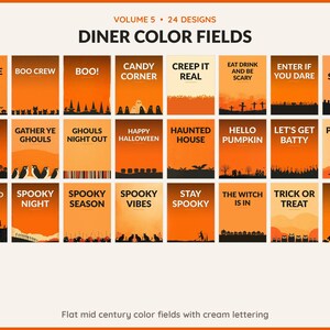 Volume 5 Diner Color Fields: 24 printable Halloween art designs, flat mid century color fields with cream lettering
