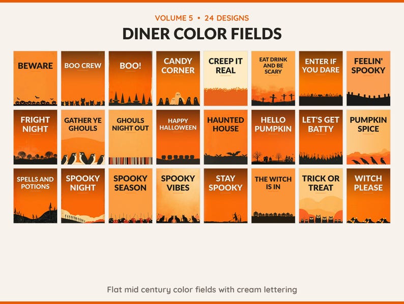 Volume 5 Diner Color Fields: 24 printable Halloween art designs, flat mid century color fields with cream lettering