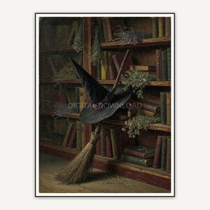 Witch hat and broom against dusty bookshelf, gothic still life
