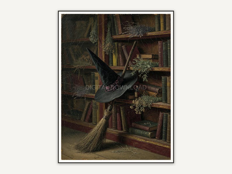 Witch hat and broom against dusty bookshelf, gothic still life