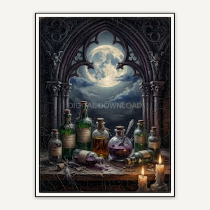 Full moon over potion bottles in arched study