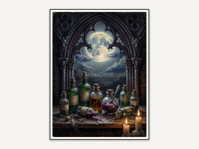 Full moon over potion bottles in arched study