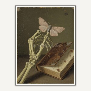 Vintage oil painting of skeletal hand with moth and book